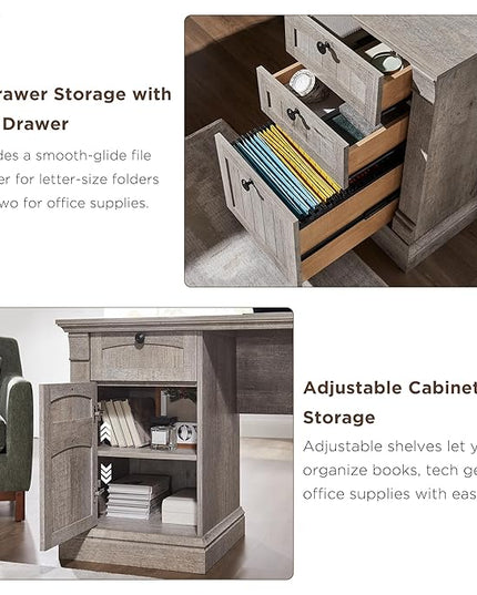 OKD 60" L Shaped Executive Desk with Hutch and Drawers, Farmhouse Home Office Desk with Charging Station, File Cabinet Storage, Wood Corner Computer Desk for Work and Study, Light Rustic Oak