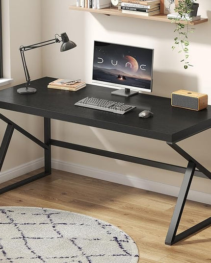 HSH Black Computer Desk, Long Home Office Laptop PC Desk, Large Industrial Metal Wood Executive Writing Gaming Workstation Desk, Modern Simple Student Study Work Table for Bedroom Living Room, 60 Inch