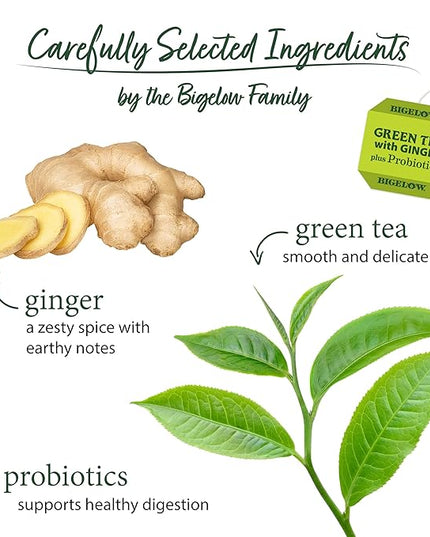 Bigelow Tea Green Tea with Ginger Plus Probiotics, Caffeinated Tea with Ginger, 18 Count Box, (Pack of 6), 108 Total Tea Bags