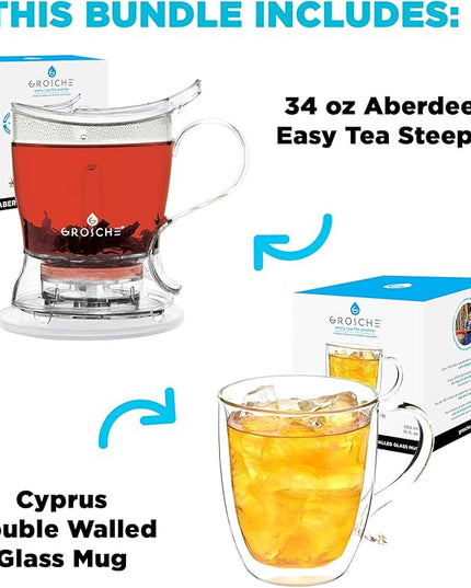 GROSCHE Aberdeen 34 oz tea pot and bottom dispensing tea steeper and Cyprus Large 16 oz double walled glass mug set