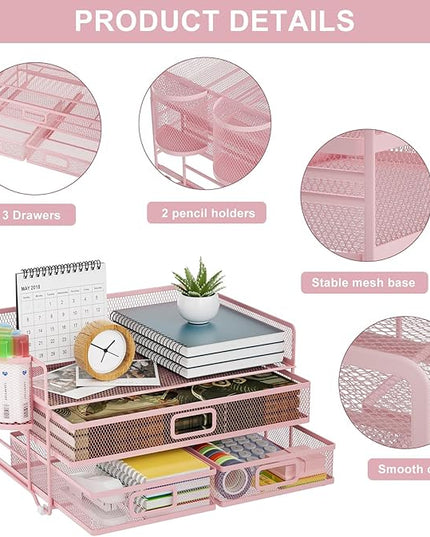 Marbrasse 3 Tier Mesh Desk Organizer with Drawer, Multi-Functional Desk Organizers and Accessories, Paper Letter Organizer with 2 Pen Holder for Home Office Supplies (Pink)