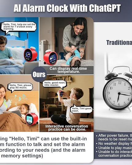 Smart Alarm Clock for Kids, AI Voice Assistant Clock with Chat, Ok to Wake Clock, 12 White Noise Sounds, Sleep Trainer, Time Management Tool, Music Player via TF/MP3 Card, Weather Forecast