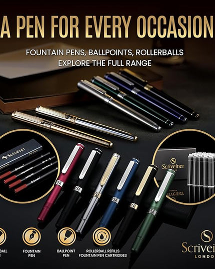 Scriveiner Silver Chrome Fountain Pen - Stunning Luxury Pen, Real Gold Finish Schmidt Gilded Nib (Medium), Best Pen Gift Set for Men & Women, Professional, Executive Office, Nice Pens