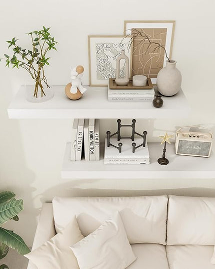White Floating Shelves 36 Inch Long, 12 Inch Deep Floating Shelves for Wall, 36 x 12 Shelves for Wall Storage & Display, 2" Thick Floating Shelf for Bathroom, Living Room, Bedroom, Set of 2