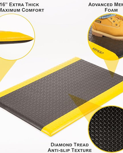 Vergo Industrial 15/16” Extra Thick Anti Fatigue Mat - Heavy Duty Commercial Grade Diamond Plate Ergonomic Standing, Non-Slip Black with Yellow Anti Fatigue Floor Mat for Work, Shop (1-Pack 3' x 5')