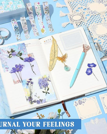 Janlaugh DIY Journal Diary with Lock Set Scrapbook Kit Stationary Diary Supplies Art Crafts Kit for Birthday Holidays Ideal Gifts for Women Teen Girls (Blue,Cute)