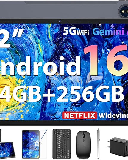 JJGJ 2026 12 Inch Android 16 Tablet with Keyboard, 24GB+256GB+2TB Expand, 2K Gemini AI Tablet with 5G WiFi, Octa-Core, 8000mAh, BT5.0, 16+8MP, 2 in 1 Tablets PC with Case, Mouse, Stylus (Black Case)