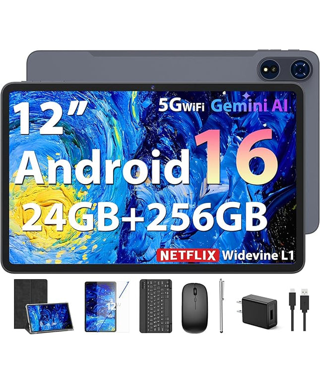 JJGJ 2026 12 Inch Android 16 Tablet with Keyboard, 24GB+256GB+2TB Expand, 2K Gemini AI Tablet with 5G WiFi, Octa-Core, 8000mAh, BT5.0, 16+8MP, 2 in 1 Tablets PC with Case, Mouse, Stylus (Black Case)