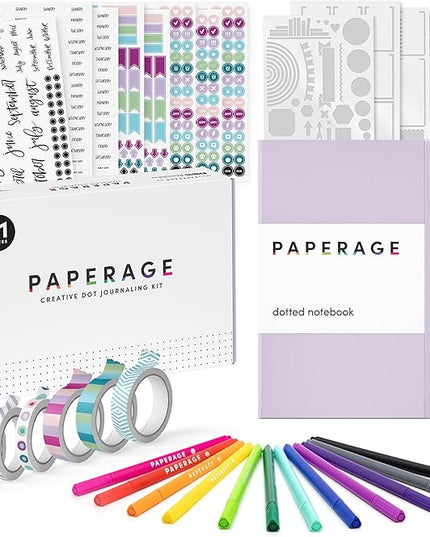 PAPERAGE Bullet Style Journal Kit, Dotted Journaling Set & Stationary Kit, Hardcover Dotted Journal Notebook (Lavender), 12 Fineliner Pens, 8 Sticker & 4 Stencil Sheets, 6 Washi Tapes