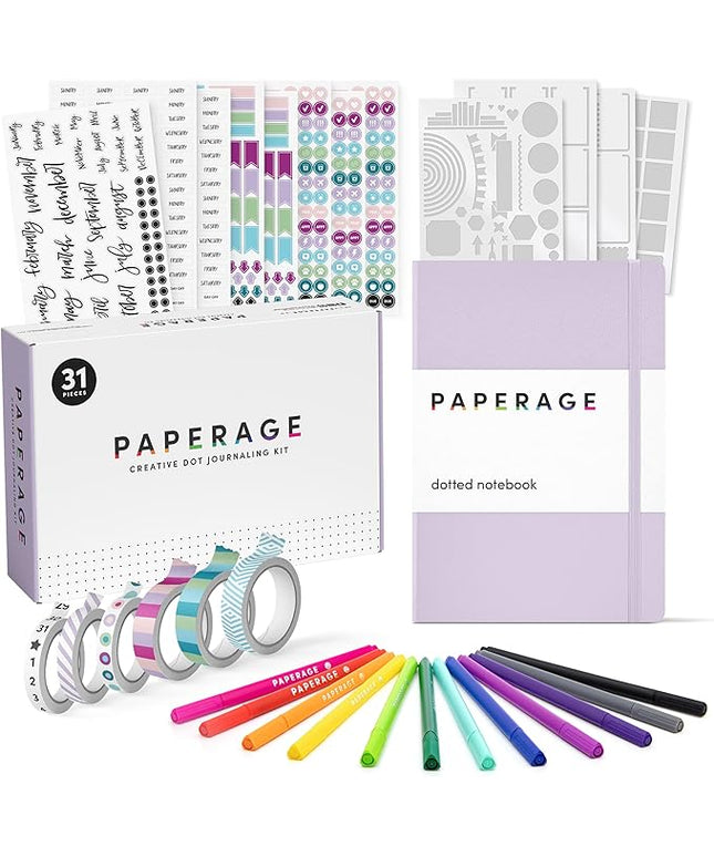 PAPERAGE Bullet Style Journal Kit, Dotted Journaling Set & Stationary Kit, Hardcover Dotted Journal Notebook (Lavender), 12 Fineliner Pens, 8 Sticker & 4 Stencil Sheets, 6 Washi Tapes