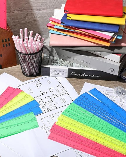 Zonon 50 Pcs 6 Inch/12 Inch Plastic Rulers Bulk Flexible Straight Rulers with Inches Centimeters First Day of School Gift Students Back to School Office Home Supplies(Colorful,12 Inch)
