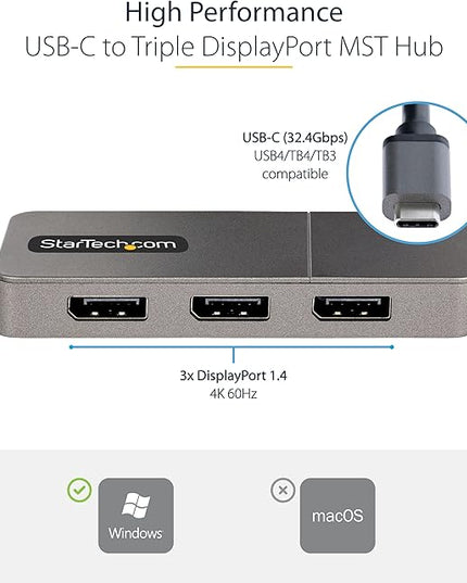 StarTech.com 3-Port USB-C Multi-Monitor Adapter, USB Type-C to 3x DisplayPort 1.4 MST Hub, Triple 4K 60Hz DP Laptop Display Extender / Splitter, HDR, Extra-Long Built-In Cable, Windows (MST14CD123DP)