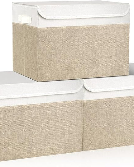 Large 17" 42 Quarts Collapsible Stackable Storage Bins with Lids [3-Pack] Foldable Fabric Linen Storage Boxes Cube, Closet Organizer Baskets with Label (16.7 x 12 x 12, Beige & White)