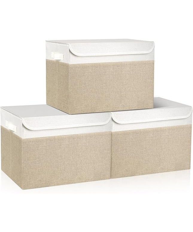 Large 17" 42 Quarts Collapsible Stackable Storage Bins with Lids [3-Pack] Foldable Fabric Linen Storage Boxes Cube, Closet Organizer Baskets with Label (16.7 x 12 x 12, Beige & White)