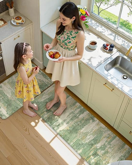 Collive Kitchen Mats Cushioned Anti Fatigue, Modern Abstract Non Slip Kitchen Floor Mat Waterproof Green Sink Rug 2 Piece, Comfort Desk Standing Rugs for Bedroom, Office, Laundry, 17"x29"+17"x47"