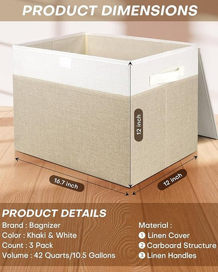 Large 17" 42 Quarts Collapsible Stackable Storage Bins with Lids [3-Pack] Foldable Fabric Linen Storage Boxes Cube, Closet Organizer Baskets with Label (16.7 x 12 x 12, Beige & White)