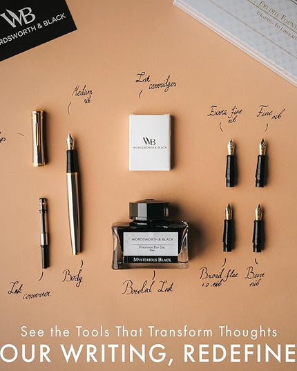 Wordsworth & Black Fountain Pen Gift Set, Includes Ink Bottle, 6 Ink Cartridges, Refill Converter, 4 Replacement Nibs, Premium Package, Journaling, Calligraphy, Smooth Writing Pens [Silver Gold]