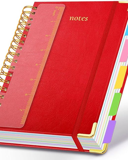 Hardcover Spiral Notebook 6.2"x 8.2" Journal Notebook with Tabs and Removable Dividers 300 Pages 5 Subject Notebook College Ruled, Faux Leather Spiral Bound Notebook for Women School Work(Red)