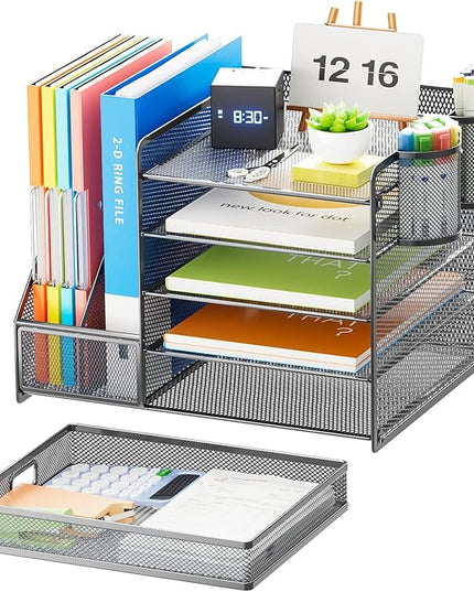 Marbrasse 5-Tier Paper Letter Tray Organizer with Drawer and Pen Holder, Mesh Desktop Organizer and Storage with Magazine Holder for Office Supplies (Grey)