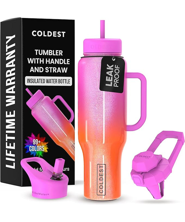 Coldest Tumbler with Handle and Straw, 100% Spill Proof Tumbler with Straw (3 Lids), Stainless Steel Insulated Leakproof Tumblers for Women Men, Cup Holder Friendly, 46 oz (Neutron Star Glitter)