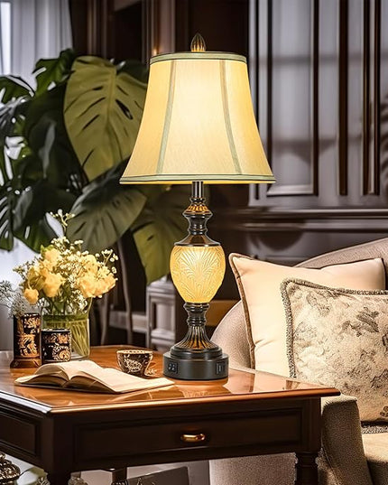 27'' High Vintage Table Lamp Set of 2 for Living Room Farmhouse Bedside Lamp with Fabric Shades Boho Nightstand Lamp with USB and Nightlight for Bedroom Home Office Hotel Bar (Bulb Included)