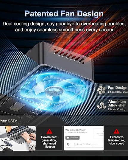 1TB External SSD, USB4 40Gbps Portable SSD 2TB with Cooling Fan, Up to 3700MB/s, External Solid State Drives Compatible with Mac mini, iPhone 15/16 Series, Tablets, MacBook, iPad, iMac, etc(FP110)