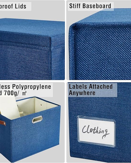 17" Large Collapsible Storage Bins with Lids, Stackable Closet Organizers with PU Handle and Labels, 3-Pack Decorative Fabric Storage Boxes for Home, Bedroom, Closet, Office, Nursery(Navy)