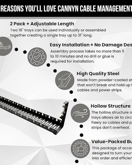 No Drill Under Desk Cable Management Tray - Extendable 16" to 31" Sturdy Steel Desk Cord Hider Raceway - Under Desk Cable Tray Holder with 38 Wire & Cable Rack Organizer Accessories - Black