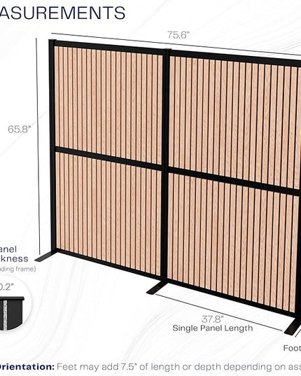 VIVO Modular Wall System, 2 PET Panels, Modern Professional Office Cubicle Dividers, Freestanding Privacy-Screen, 66 inches High, Wood Slat, Black Frame, PP-MWS63BWD
