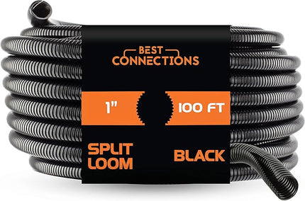 BEST CONNECTIONS 100 Ft – 1" Diameter Split Wire Loom Flex-Guard Convoluted Tubing with 100 Pcs x 7" Nylon Cable Zip Ties – Protective Split Cable Sleeves for Automotive Home Electrical Wires – Black