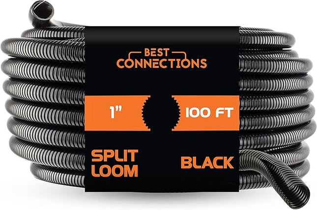 BEST CONNECTIONS 100 Ft – 1" Diameter Split Wire Loom Flex-Guard Convoluted Tubing with 100 Pcs x 7" Nylon Cable Zip Ties – Protective Split Cable Sleeves for Automotive Home Electrical Wires – Black