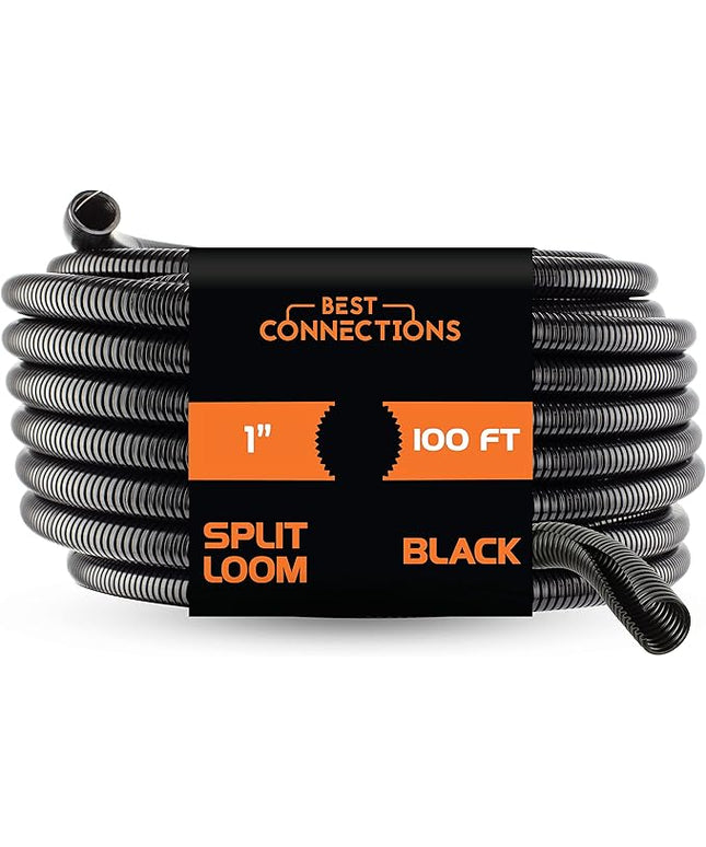 BEST CONNECTIONS Split Wire Loom Flex-Guard Convoluted Tubing Protective Split Cable Sleeves for Auto Home Industrial Electrical Wires Chemical Resistant Conduit Black (1" - 100 ft)