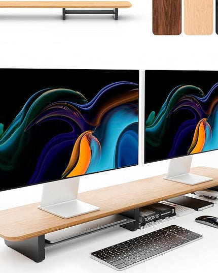 KIVY Dual Monitor Riser With Integrated Metal Shelf [MADE BY HAND] - Wooden Desk Shelf for 2 Monitors - Wide Long Stand for Desk (44 x10x3in - Oak)