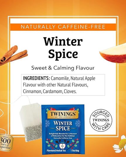 Twinings Winter Spice Herbal Tea Individually Wrapped, 20 Count (Pack of 6), Camomile, Apple, Cinnamon, & Clove, Caffeine-Free, Enjoy Hot or Iced, 120 Teabags