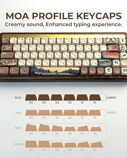 OHY XVX MOA Profile Japanese Fuji Mountain Theme PBT Keycaps Set, 140-Key Coffee & Cream Custom Keycaps for US Layout Mechanical Keyboards (Brown/Beige Design with Key Puller)