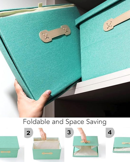 Enzk&Unity Decorative Storage Bins with Lids, Fabric Linen Foldable Storage Box with Handle Home Organizer for Shelf, Closet, Bedroom, Living Room, Office, 3 Packs, Teal