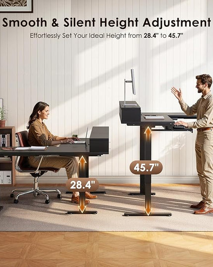 OffiGo 59 Inch L Shaped Electric Standing Desk with Drawers, Height Adjustable Corner Computer Desk with Keyboard Tray & Monitor Stand, Stand Up Table for Home Office Workstation, Black