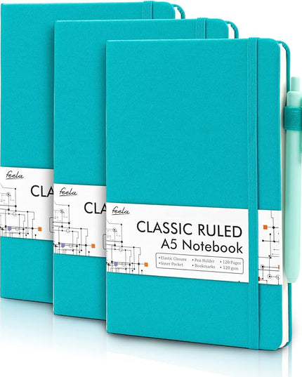 feela 3 Pack Notebooks Journals Bulk with 3 Black Pens, A5 Hardcover Notebook Classic Ruled Lined Journal Set with Pen Holder for Work Business Journaling Note Taking, 120 GSM, 5.1”x8.3”, Emerald