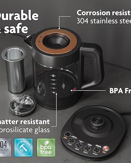 Vianté Electric Kettle With Infuser For Loose Leaf. Hot Tea Maker With Temperature Control And Automatic Shut Off. Tea Kettle With Brewing Programs. 1.5 Liters Capacity | Black Color