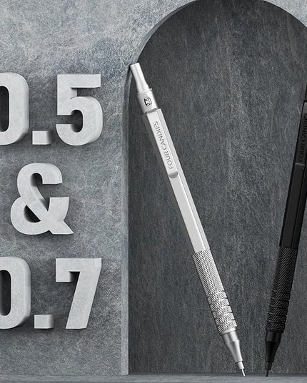 Four Candies 2PCS Metal Mechanical Pencils Set with Case, 0.5mm & 0.7 mm Artist Pencil with 6 Tubes (360PCS) HB Lead Refills, 3 Erasers,9 Eraser Refills For Writing Drafting, Drawing, Black&Silver