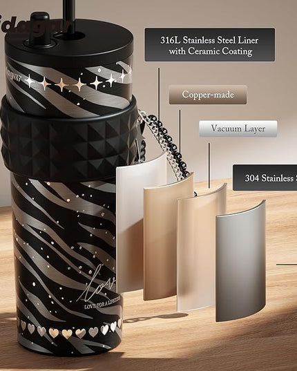 24 oz Stainless Steel Tumbler with Lid and Straw, Insulated Coffee Mug, Leak Proof, Portable Iced Travel Water Bottle, Reusable Thermal Coffee Cup Gift for Women, Black