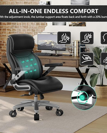 Big and Tall Office Chair with 5D Arms, 600lbs Heavy Duty Desk Chair with Adjustable Lumbar Support, PU Leather High Back Ergonomic Executive Computer Chair with 3'' Silent Casters