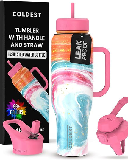 Coldest Tumbler with Handle and Straw - 100% Leak Proof Insulated Tumbler with Lid and Straw (3 Lids) - Stainless Steel Tumblers for Women & Men - Cup Holder Friendly Base, 46 oz (Amethyst)
