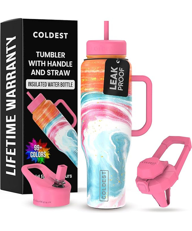 Coldest Tumbler with Handle and Straw - 100% Leak Proof Insulated Tumbler with Lid and Straw (3 Lids) - Stainless Steel Tumblers for Women & Men - Cup Holder Friendly Base, 46 oz (Amethyst)