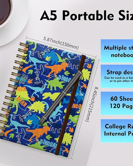 Spiral Journal Notebook, A5 Cute Notebooks for Women Men, College Ruled Hardcover Notebook for Work & Note Taking, 60 Pages Double-Wire Journals for Writing (Dinosaur)