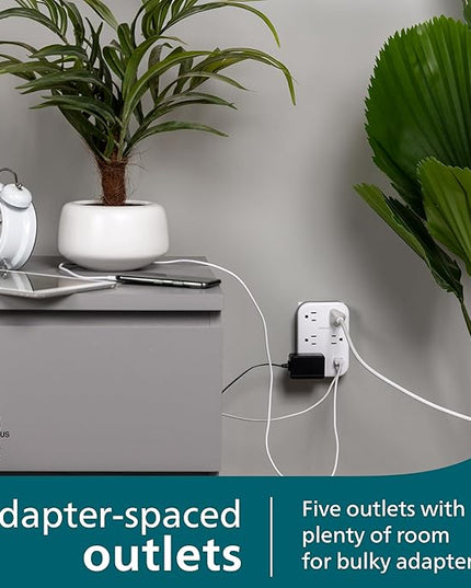 Philips EZFit 5-Outlet Extender Wall Tap with Surge Protection, Grounded Adapter, Charging Station, 3 Prong, 1 USB-A, 1 USB-C, 900J, White, SPP3513W/37
