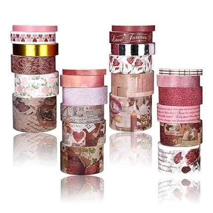 Washi Tape Set, 24 Rolls Red Vintage floral Journaling Supplies,for Christmas Valentine's Day Journaling Supplies Journal Scrapbook Tape, Bullet Journaling Scrapbooking Supplies, DIY Art Decorative