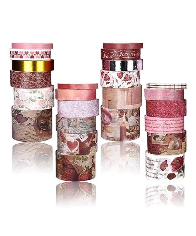 Washi Tape Set, 24 Rolls Red Vintage floral Journaling Supplies,for Christmas Valentine's Day Journaling Supplies Journal Scrapbook Tape, Bullet Journaling Scrapbooking Supplies, DIY Art Decorative