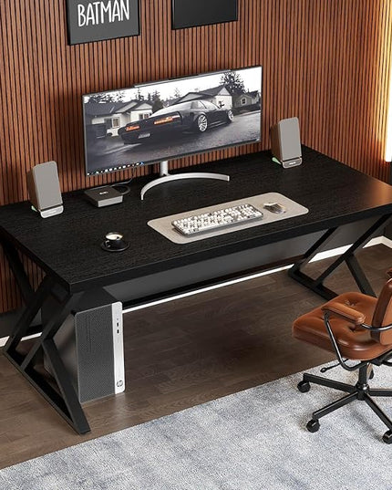LVB Black Computer Desk, Modern Gaming PC Writing Desk for Home Office, Metal Computer Study Work Table for Bedroom, Industrial Executive Student Simple Workstation Desk, 55 in, Black Oak