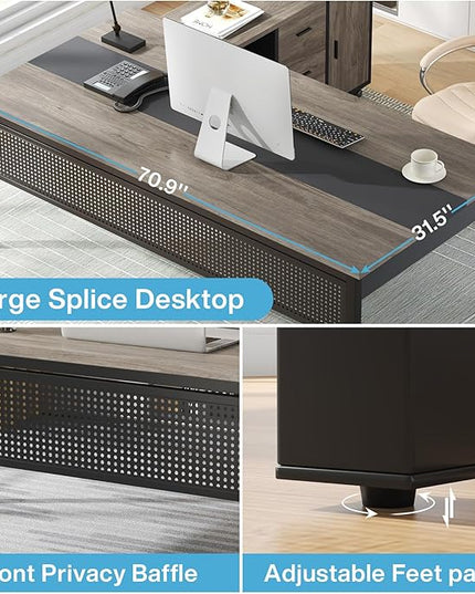 Tribesigns 70.8" Large Executive Office Desk and 47" Lateral File Cabinet Combo, L-Shaped Computer Desk Business Furniture with Drawers and Shelves, Home Office Workstation, Grey & Black